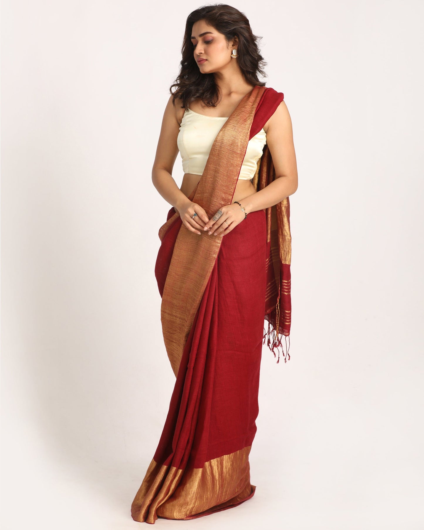 Women's Maroon Traditional Handloom Linen Saree
