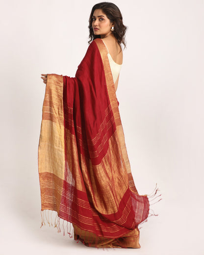 Women's Maroon Traditional Handloom Linen Saree