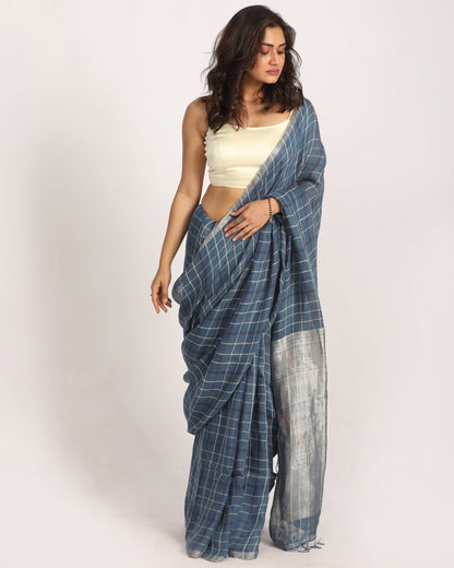 Women's Steel Blue Traditional Handloom Check Linen Saree