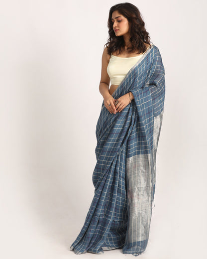 Women's Steel Blue Traditional Handloom Check Linen Saree