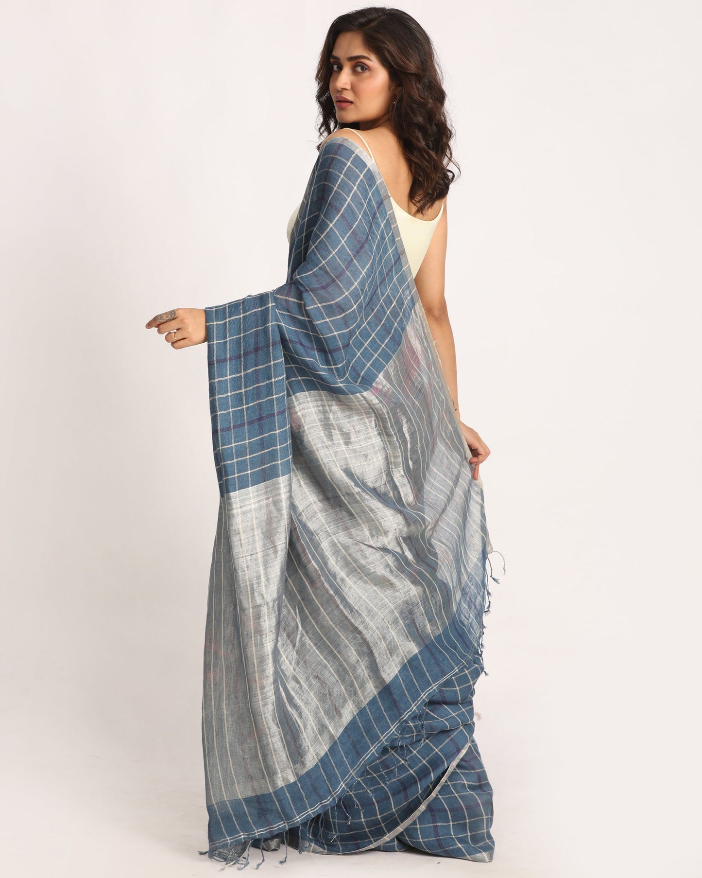 Women's Steel Blue Traditional Handloom Check Linen Saree