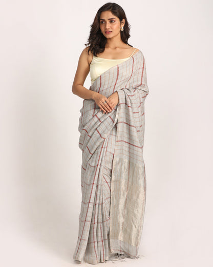 Women's Silver Grey Traditional Handloom Check Linen Saree