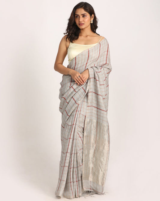 Women's Silver Grey Traditional Handloom Check Linen Saree