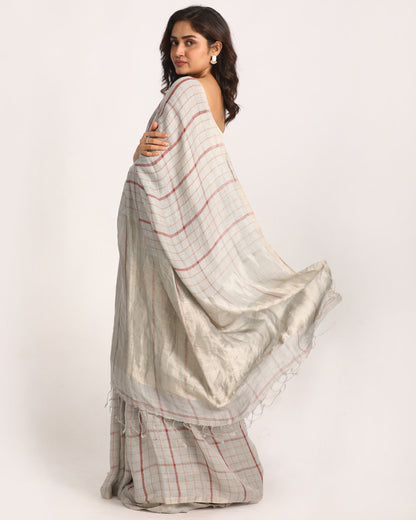 Women's Silver Grey Traditional Handloom Check Linen Saree