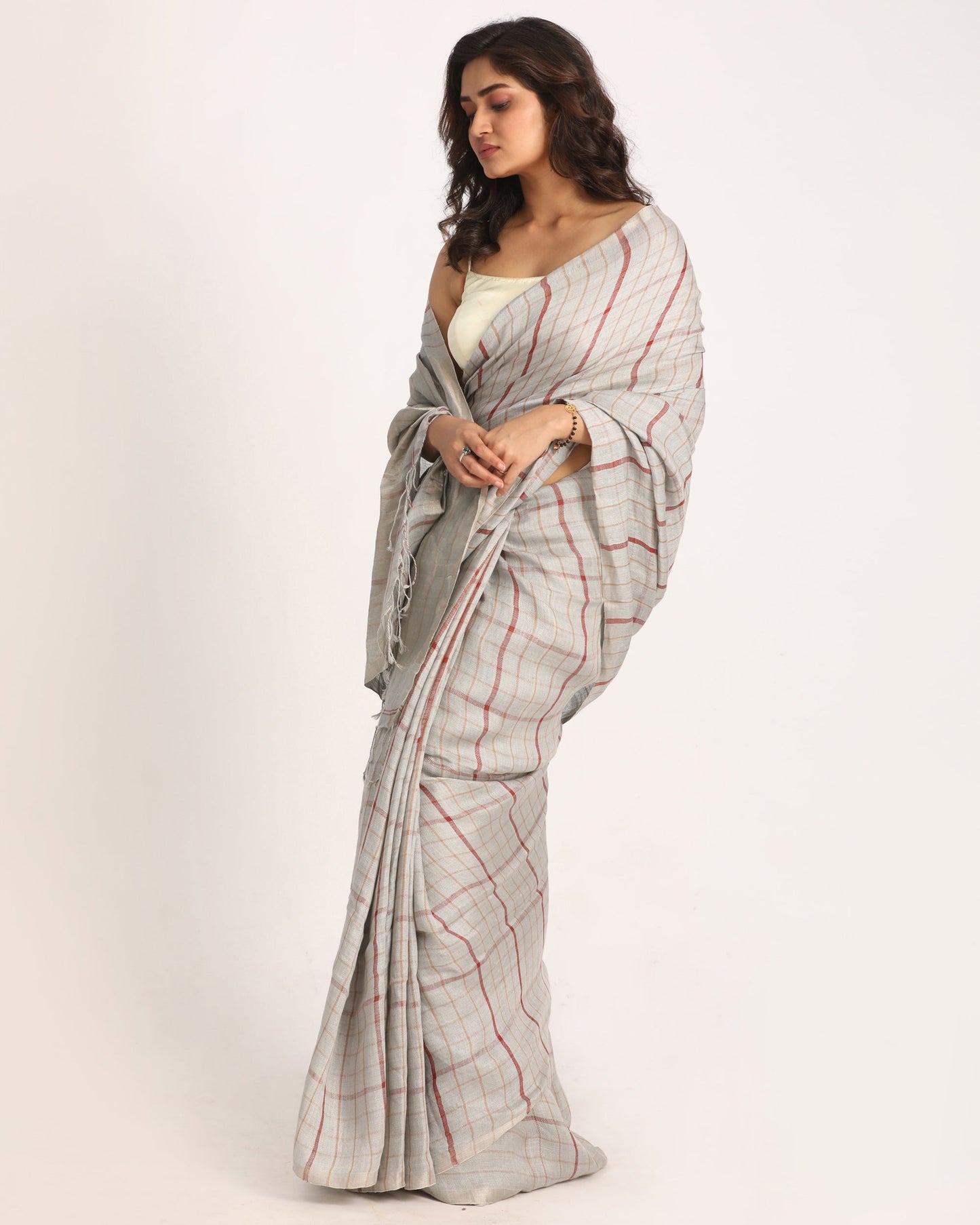 Women's Silver Grey Traditional Handloom Check Linen Saree