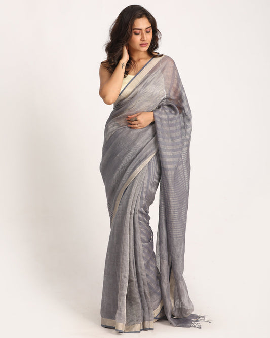 Women's Grey Blue Check Traditional Handloom Linen Saree