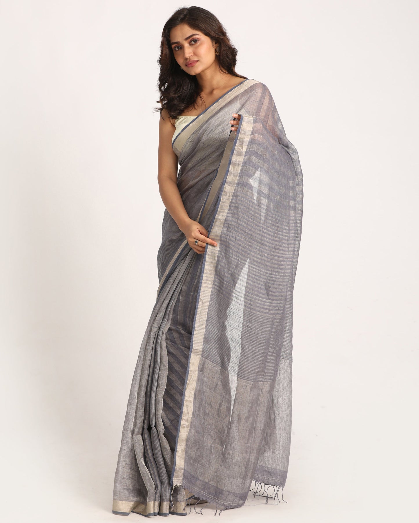Women's Grey Blue Check Traditional Handloom Linen Saree