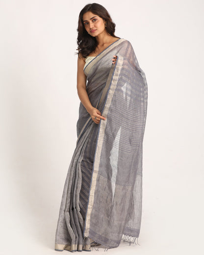 Women's Grey Blue Check Traditional Handloom Linen Saree