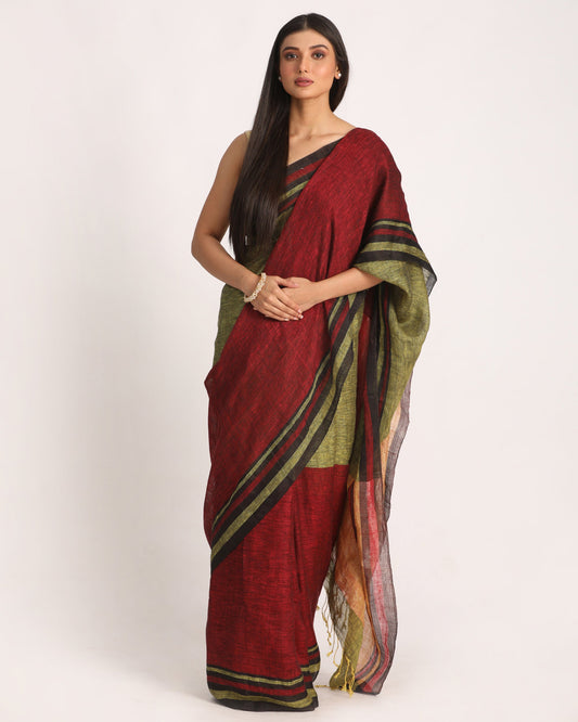 Women's Maroon Lime Traditional Handloom Linen Saree