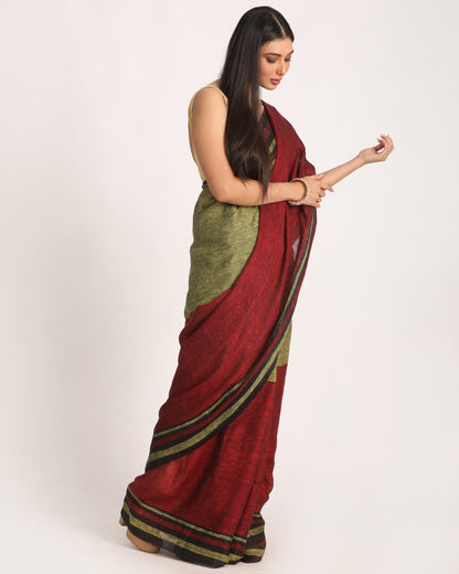Women's Maroon Lime Traditional Handloom Linen Saree