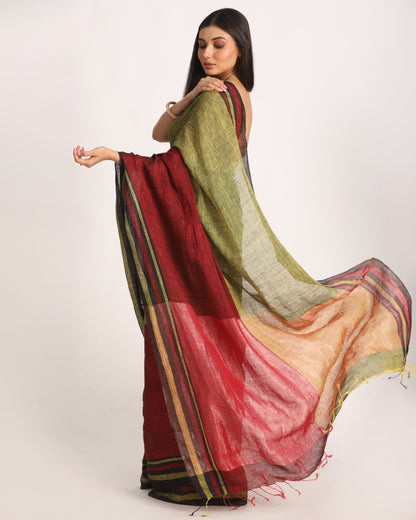 Women's Maroon Lime Traditional Handloom Linen Saree