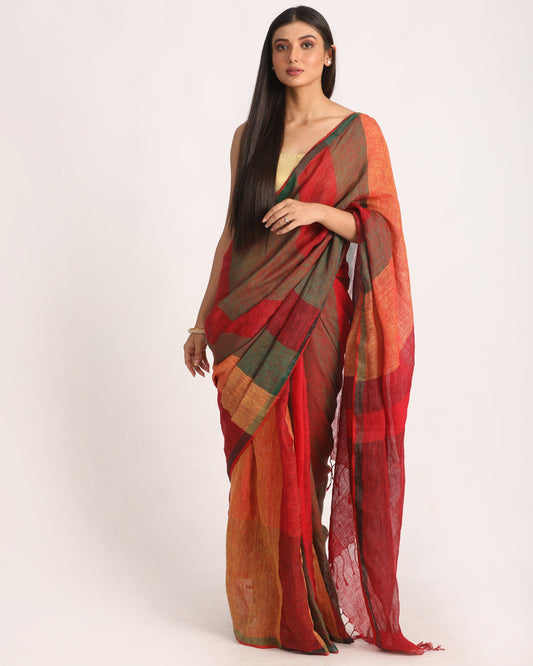 Women's Multicolour Traditional Handloom Check Linen Saree