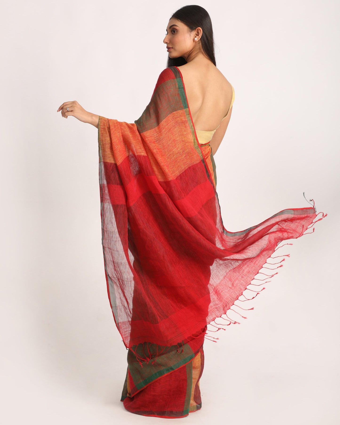 Women's Multicolour Traditional Handloom Check Linen Saree