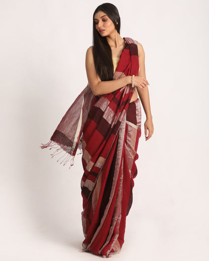 Women's Maroon Black Silver Traditional Handloom Check Linen Saree