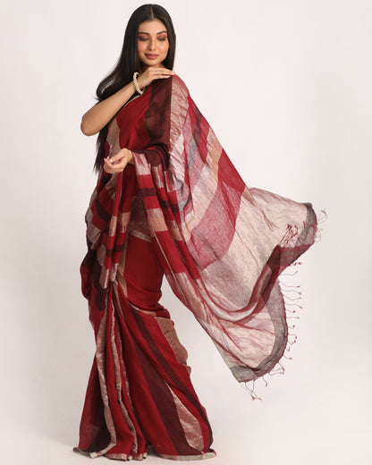 Women's Maroon Black Silver Traditional Handloom Check Linen Saree