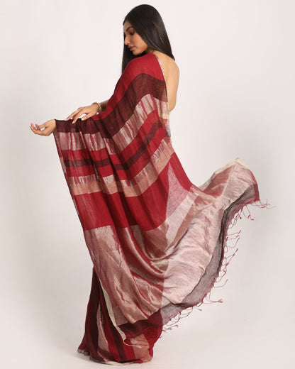 Women's Maroon Black Silver Traditional Handloom Check Linen Saree