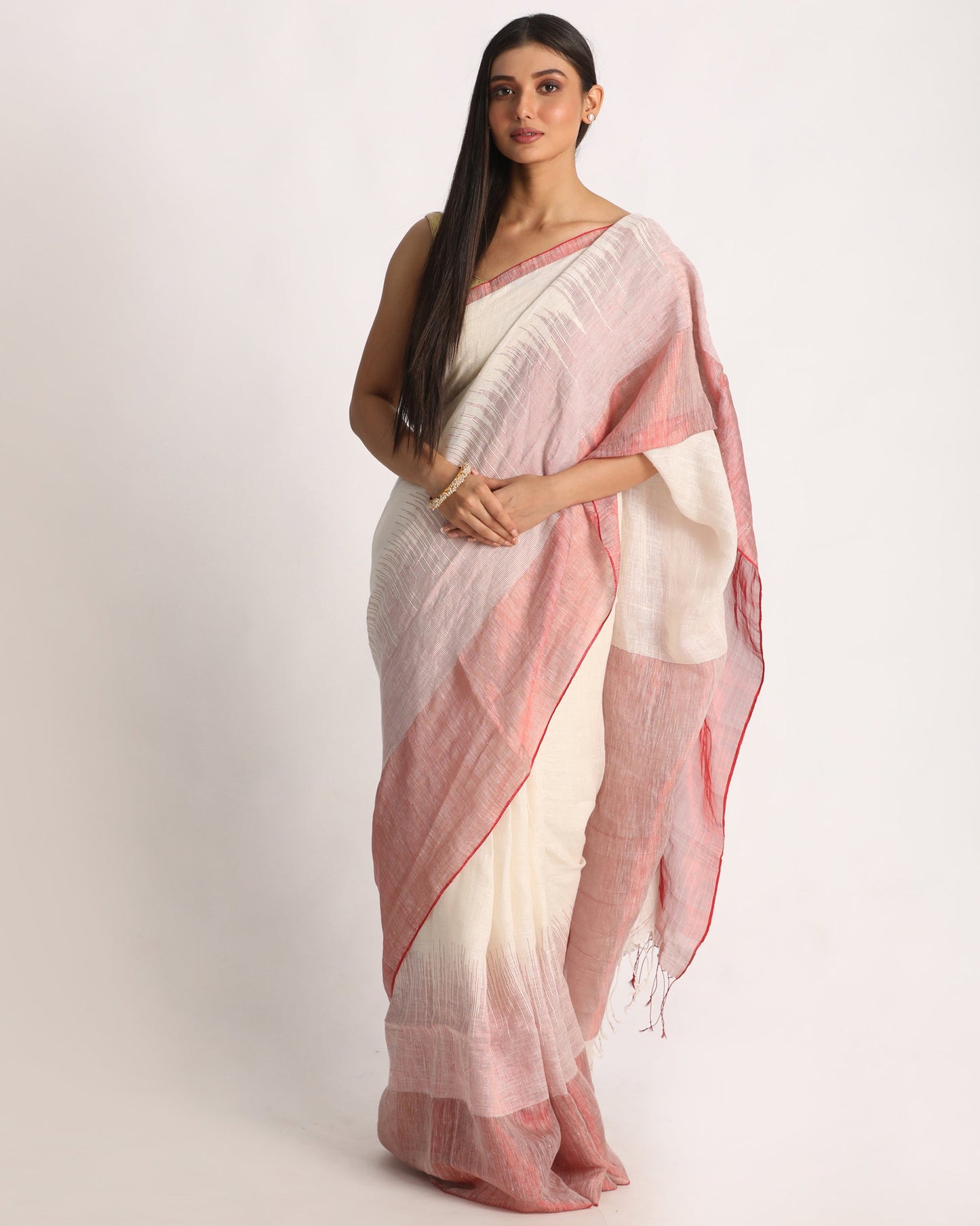 Women's Design Zari Border Off White Handloom Traditional Linen Saree