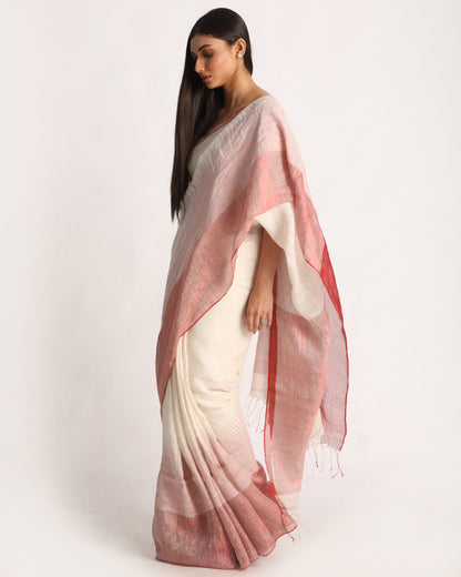 Women's Design Zari Border Off White Handloom Traditional Linen Saree