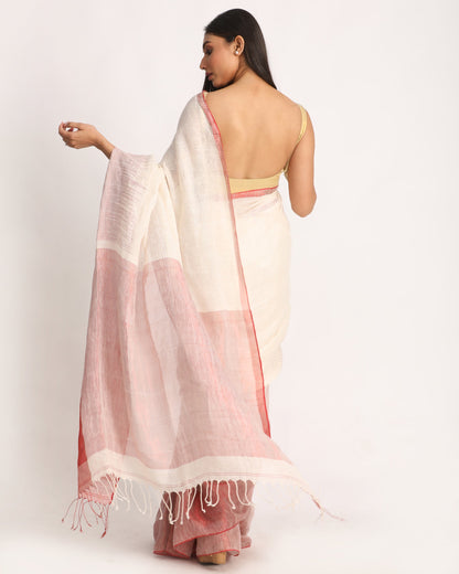 Women's Design Zari Border Off White Handloom Traditional Linen Saree