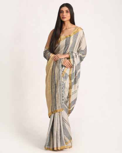 Women's Beige Black Silver Traditional Handloom Check Linen Saree