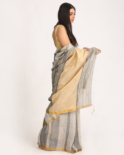 Women's Beige Black Silver Traditional Handloom Check Linen Saree