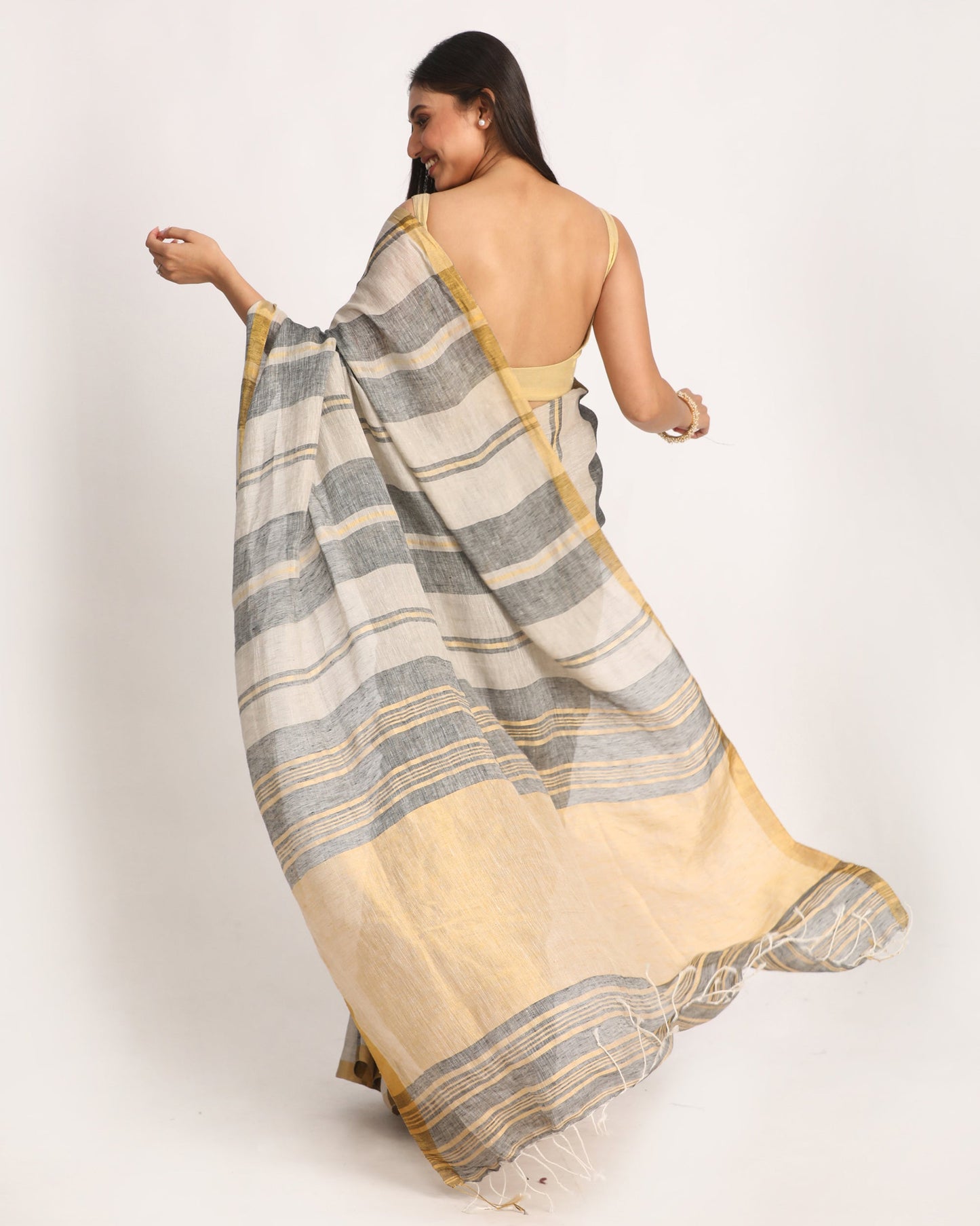 Women's Beige Black Silver Traditional Handloom Check Linen Saree