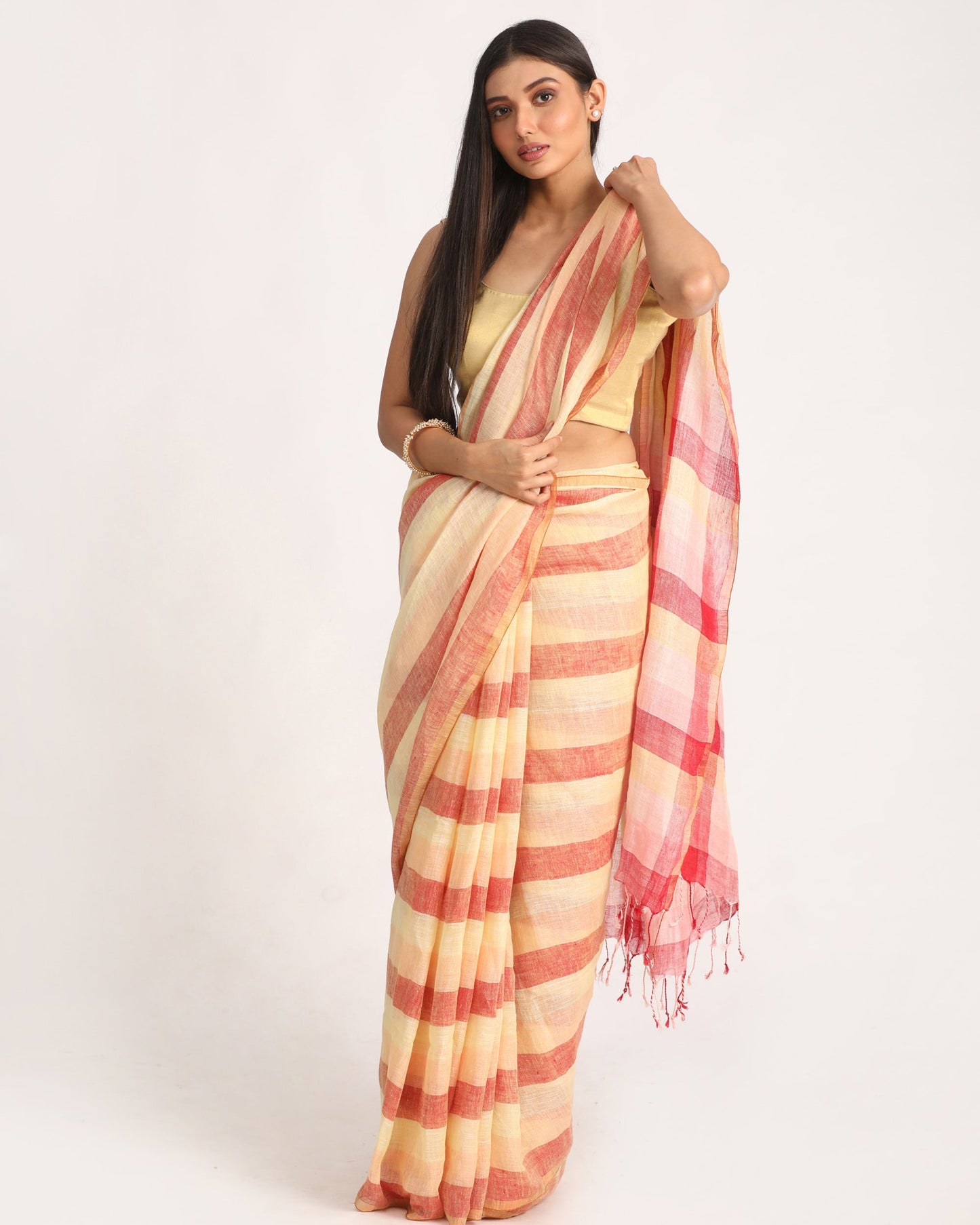 Women's Multicolour Traditional Handloom Check Linen Saree