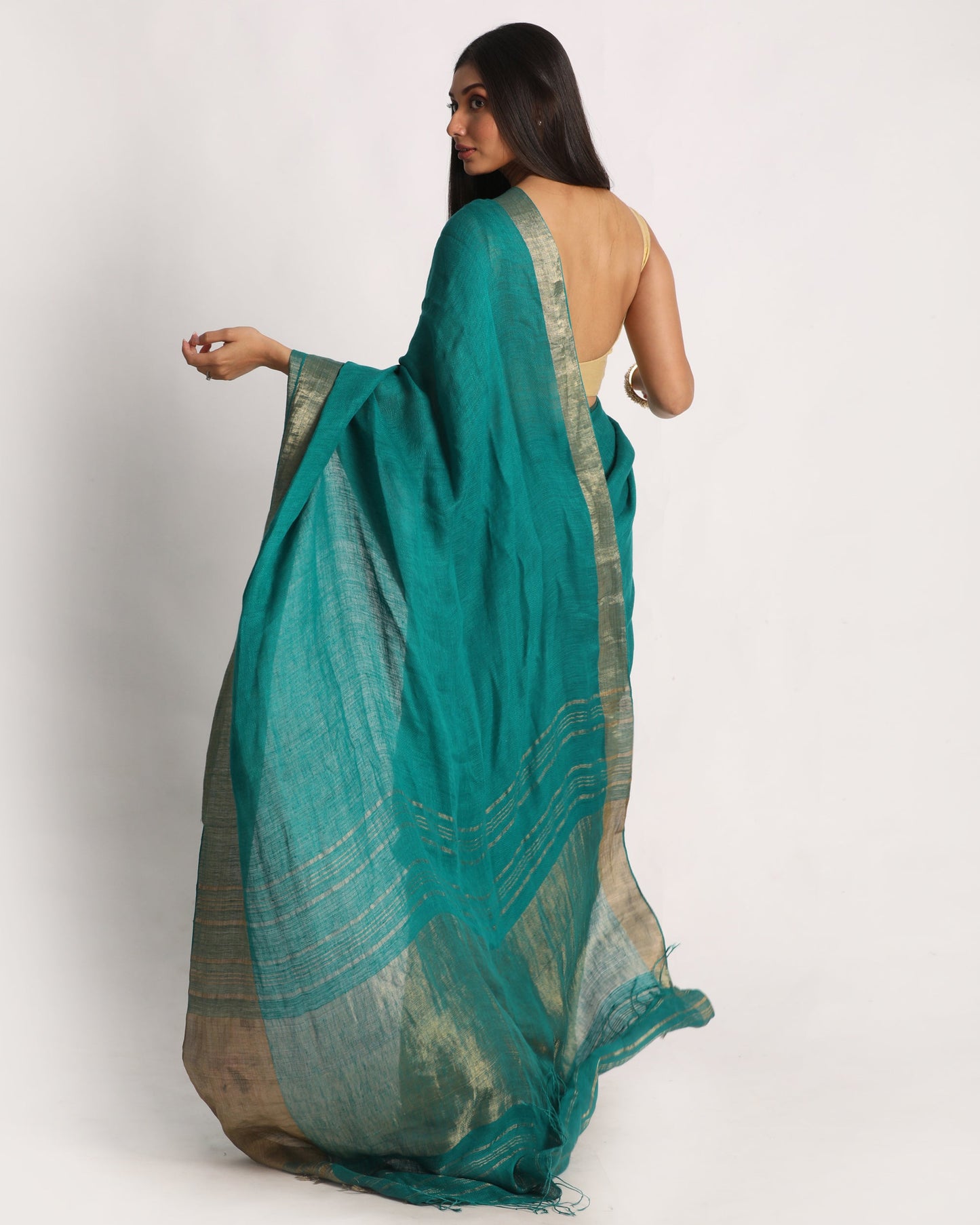 Women's Turquoise Traditional Handloom Linen Saree