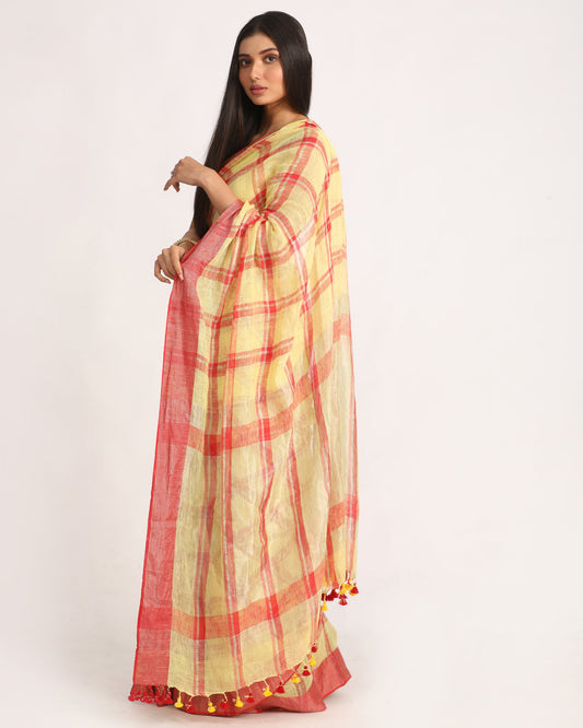 Women's Lemon Maroon Handloom Check Linen Saree