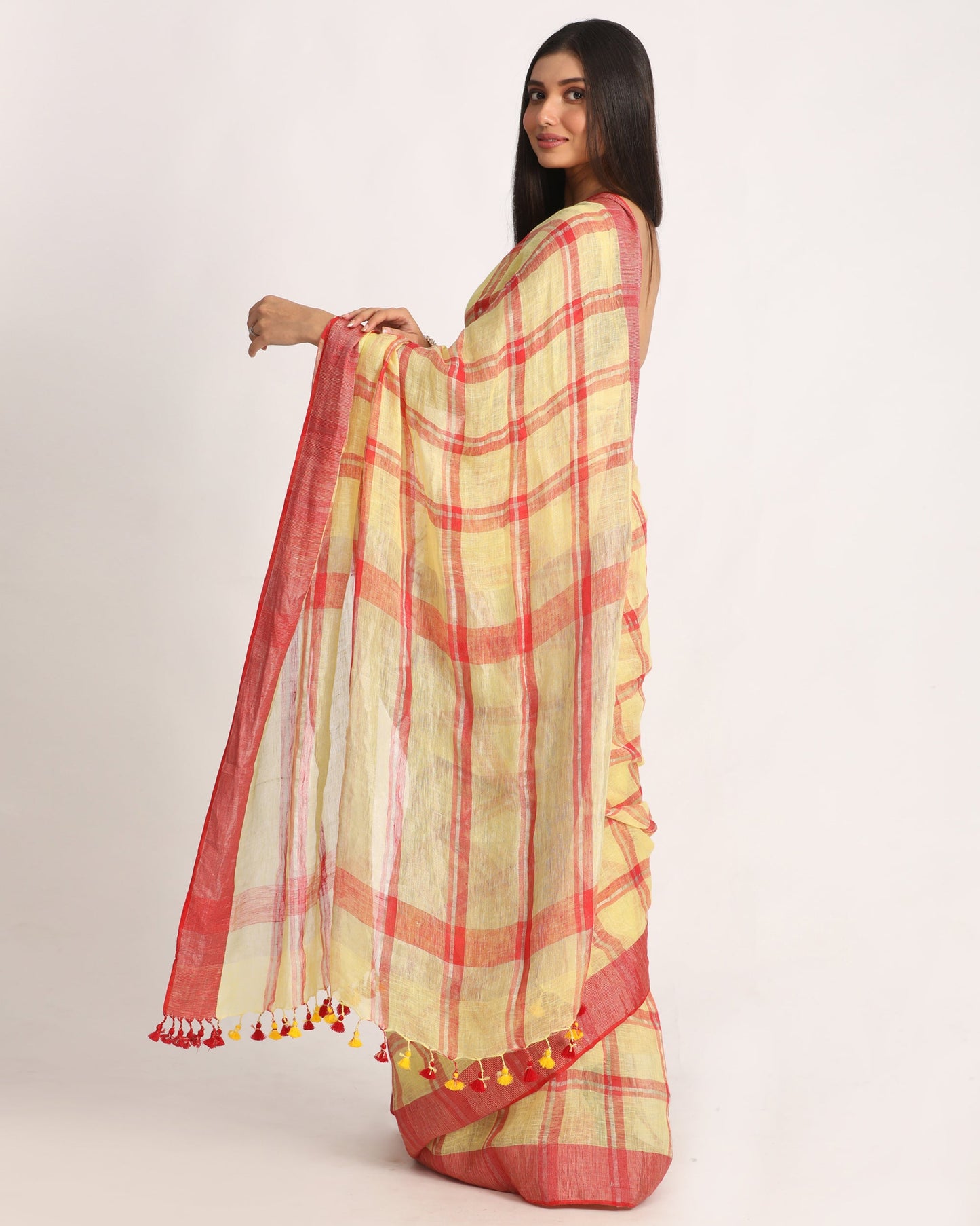 Women's Lemon Maroon Handloom Check Linen Saree