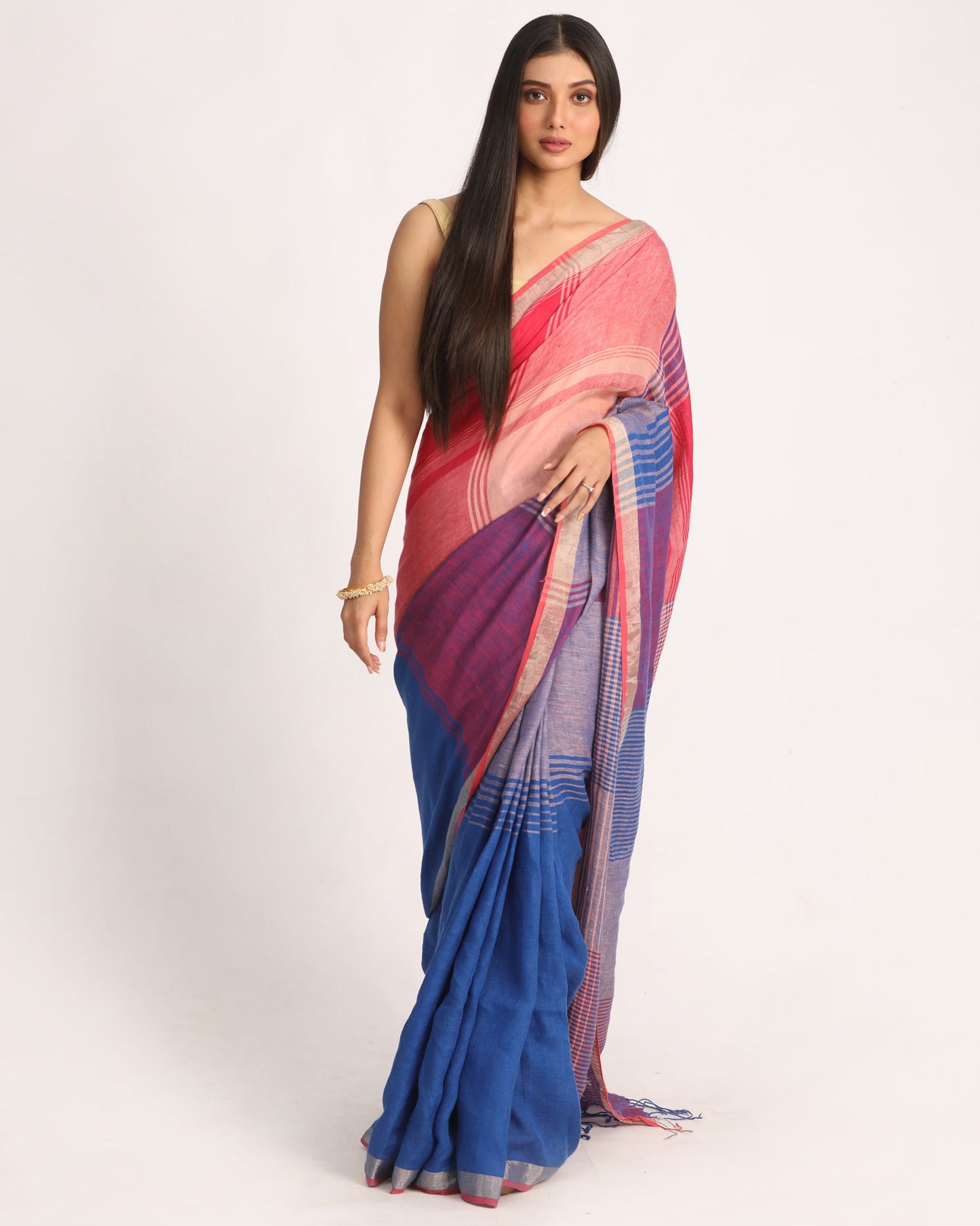 Women's Multicolour Traditional Handloom Check Linen Saree