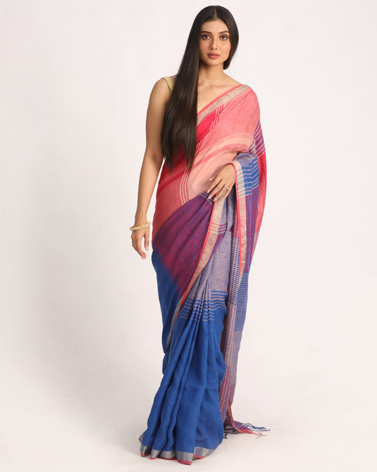 Women's Multicolour Traditional Handloom Check Linen Saree