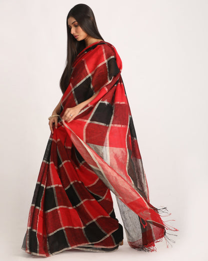 Women's Red Black Traditional Check Linen Handloom Saree