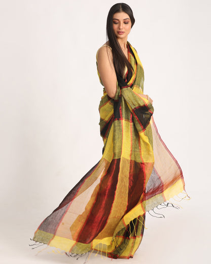 Women's Yellow Black Traditional Check Linen Handloom Saree