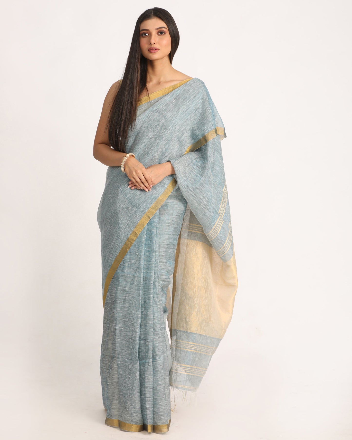Women's Silver Blue Traditional Handloom Tissue Linen Saree