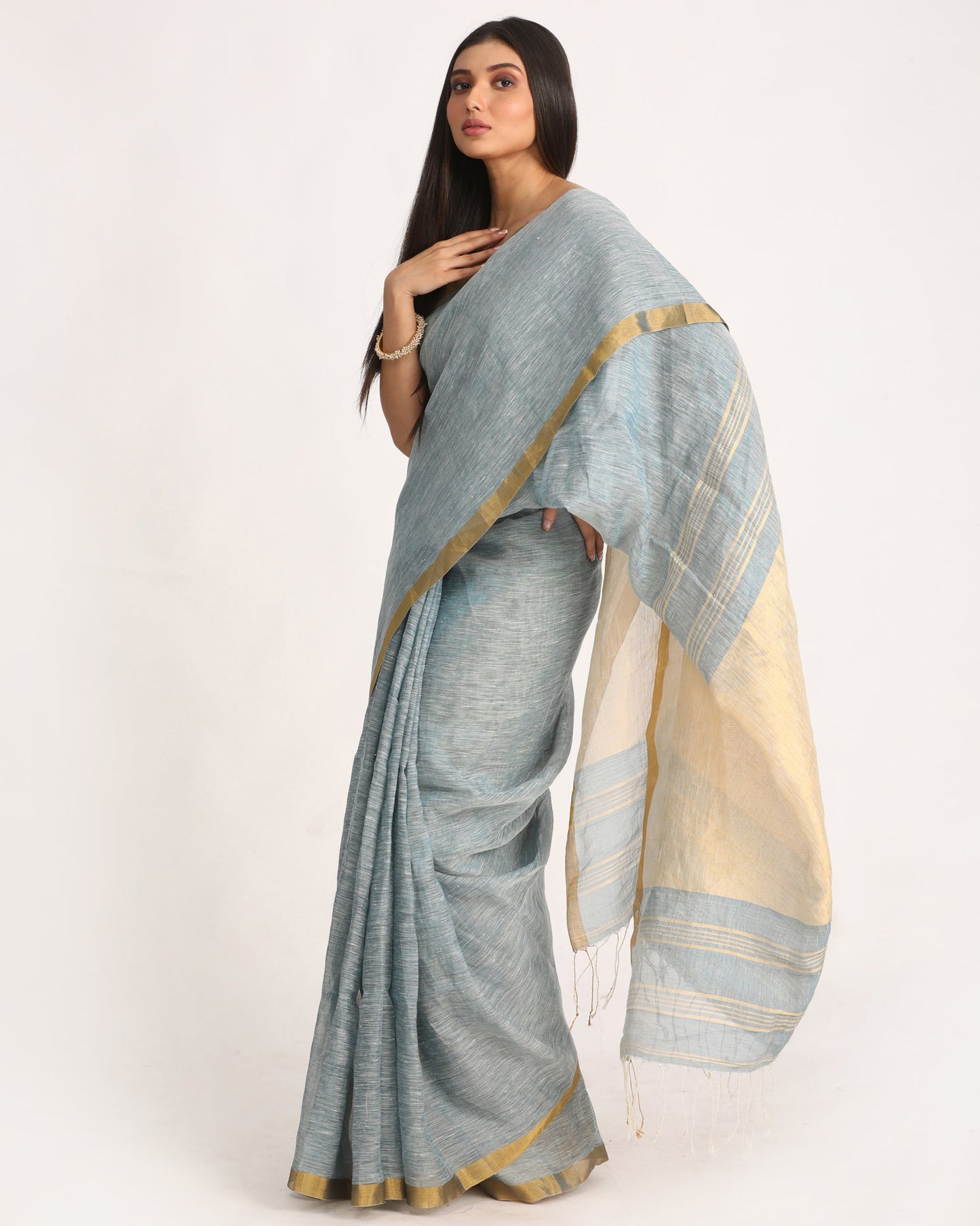 Women's Silver Blue Traditional Handloom Tissue Linen Saree