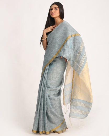 Women's Silver Blue Traditional Handloom Tissue Linen Saree