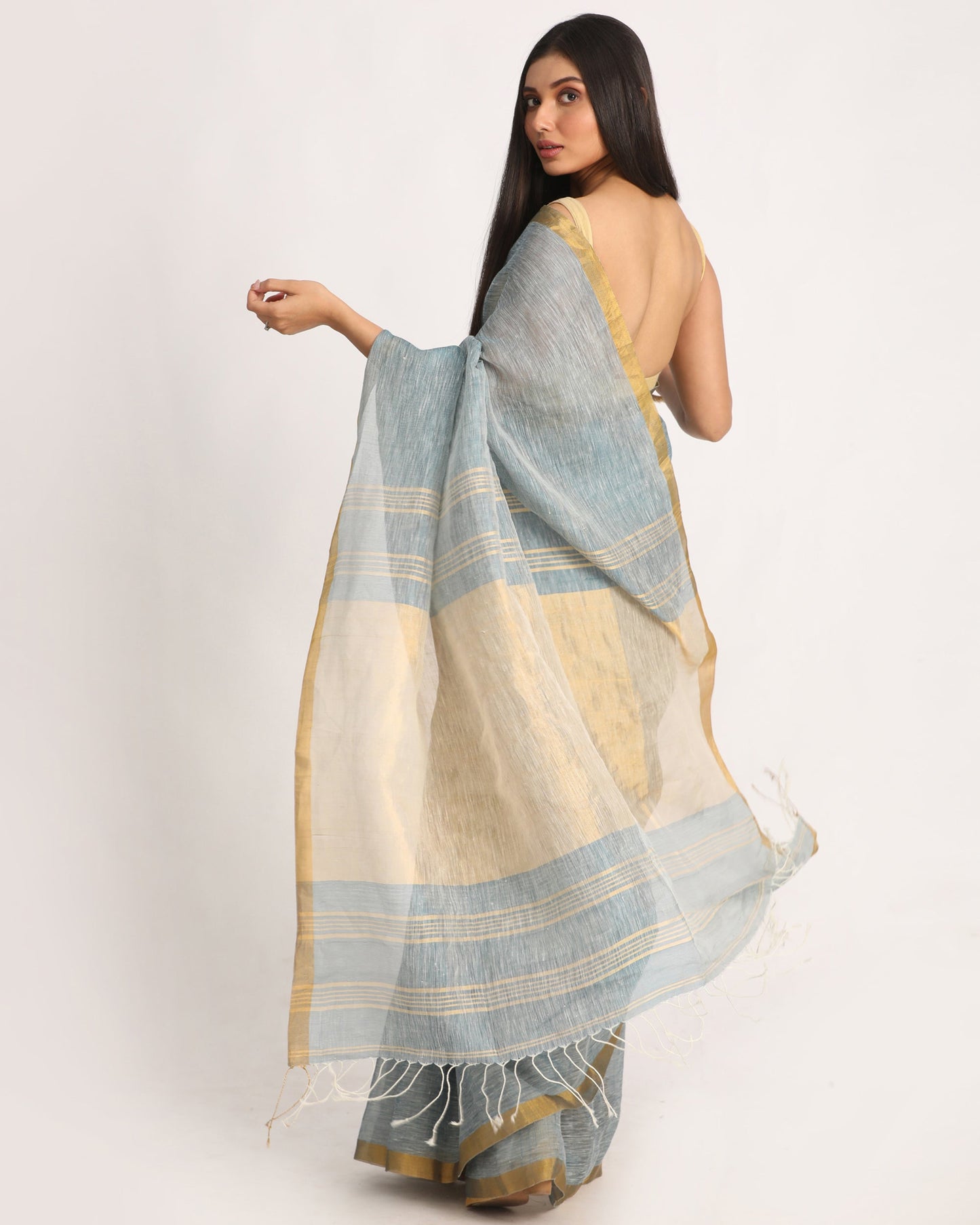 Women's Silver Blue Traditional Handloom Tissue Linen Saree