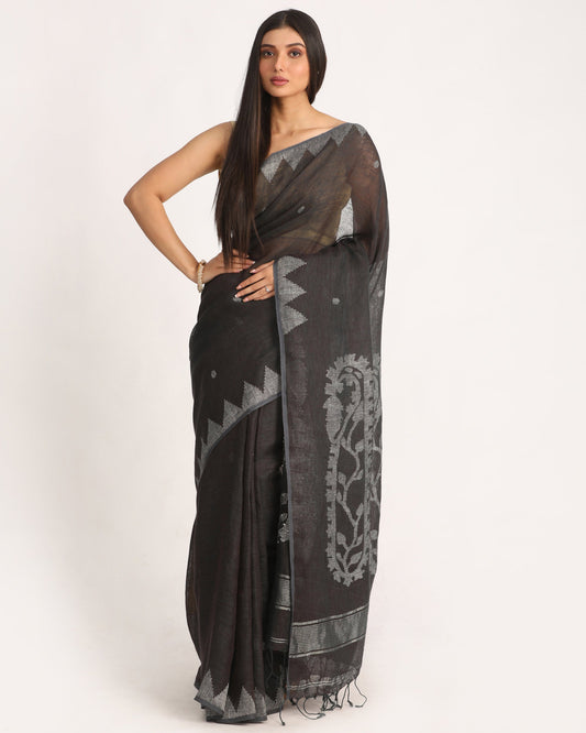 Women's Dark Grey Brown Traditional Handloom Linen Jamdani Saree