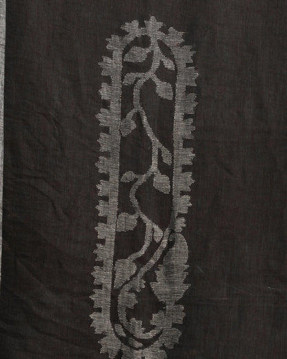 Women's Dark Grey Brown Traditional Handloom Linen Jamdani Saree