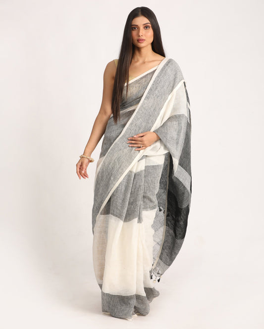 Women's White Black Traditional Handloom Linen Saree