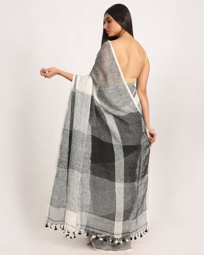 Women's White Black Traditional Handloom Linen Saree