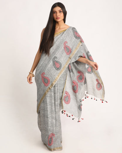 Women's Grey Traditional Handloom Linen Jamdani Saree