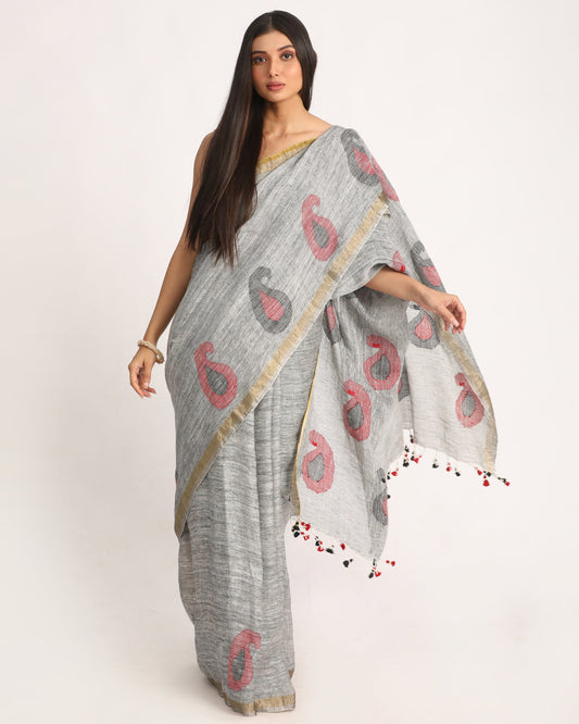 Women's Grey Traditional Handloom Linen Jamdani Saree