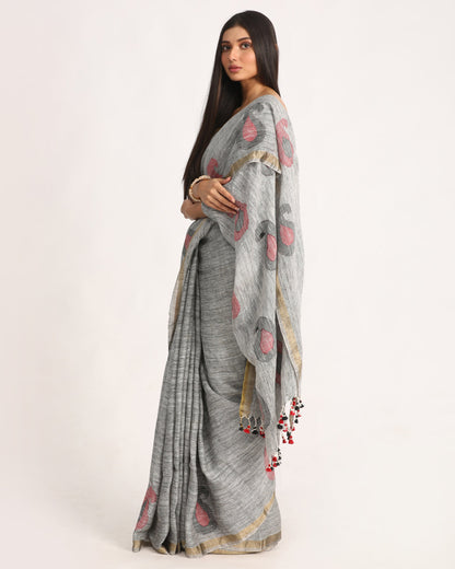 Women's Grey Traditional Handloom Linen Jamdani Saree