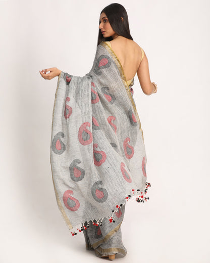 Women's Grey Traditional Handloom Linen Jamdani Saree