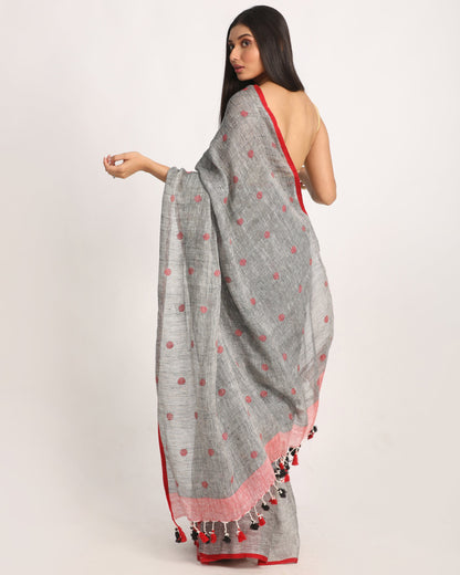 Women's Grey Traditional Handloom Linen Jamdani Saree