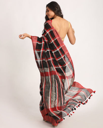 Women's Black Red Traditional Check Linen Handloom Saree