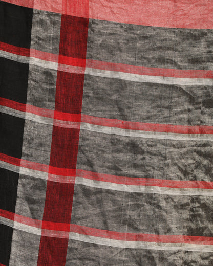 Women's Black Red Traditional Check Linen Handloom Saree