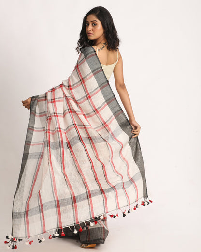 Women's Off White Red Traditional Check Linen Handloom Saree
